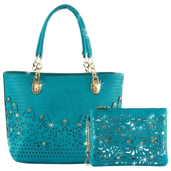 Handbags - Elegant Teal Turquoise Rhinestone Bling Handbag Set